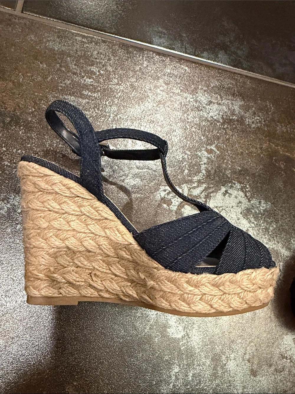 American Eagle Outfitters Navy Blue Woven T-Strap Wedge Sandals